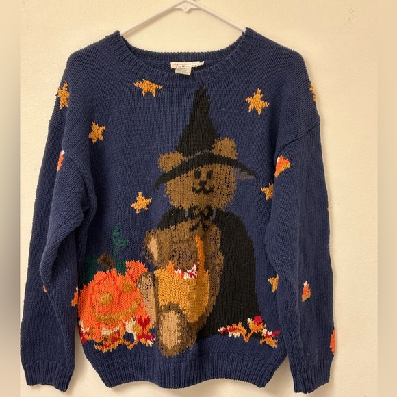 Vintage Talbots Women witch bear Cable Knit Sweater Size M navy blue - Picture 1 of 14